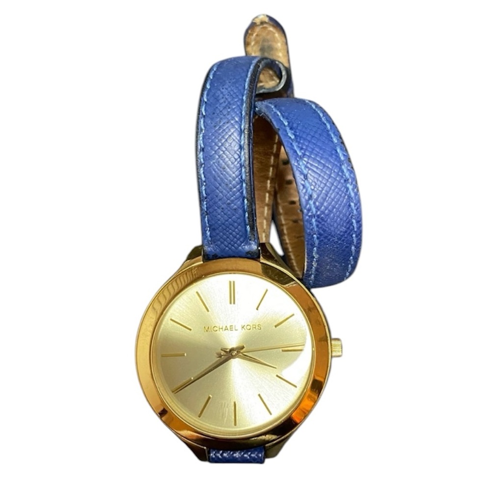 MICHAEL KORS Gold Tone Blue Double Strap Runway MK2286 Champagne Dial Wms Watch